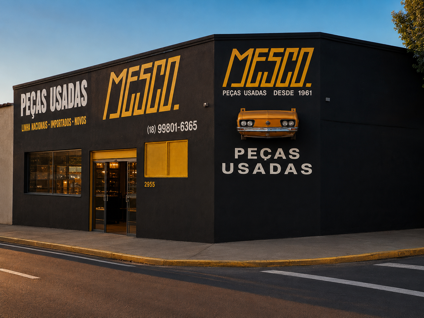 Fachada da loja MESCO Peças Usadas desde 1961 — esquina preta e amarela com frente de carro antigo na parede